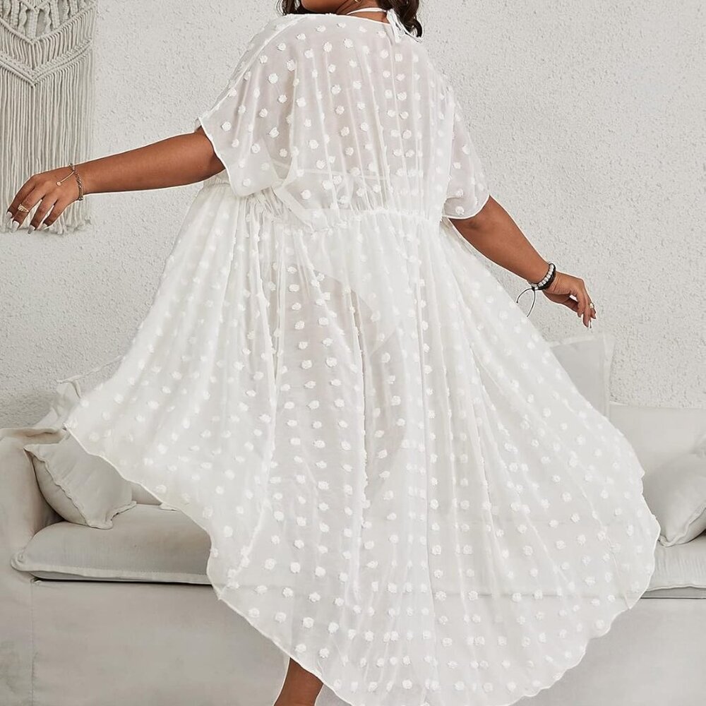 Women's Plus Size Kimono Cover Up Swiss Dots Sheer Mesh Tie Waist Beach Swimsuit - Picture 2 of 6